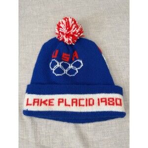 Lake Placid 1980 USA Olympics Team USA Blue White Red Pom Winter Hat Cap